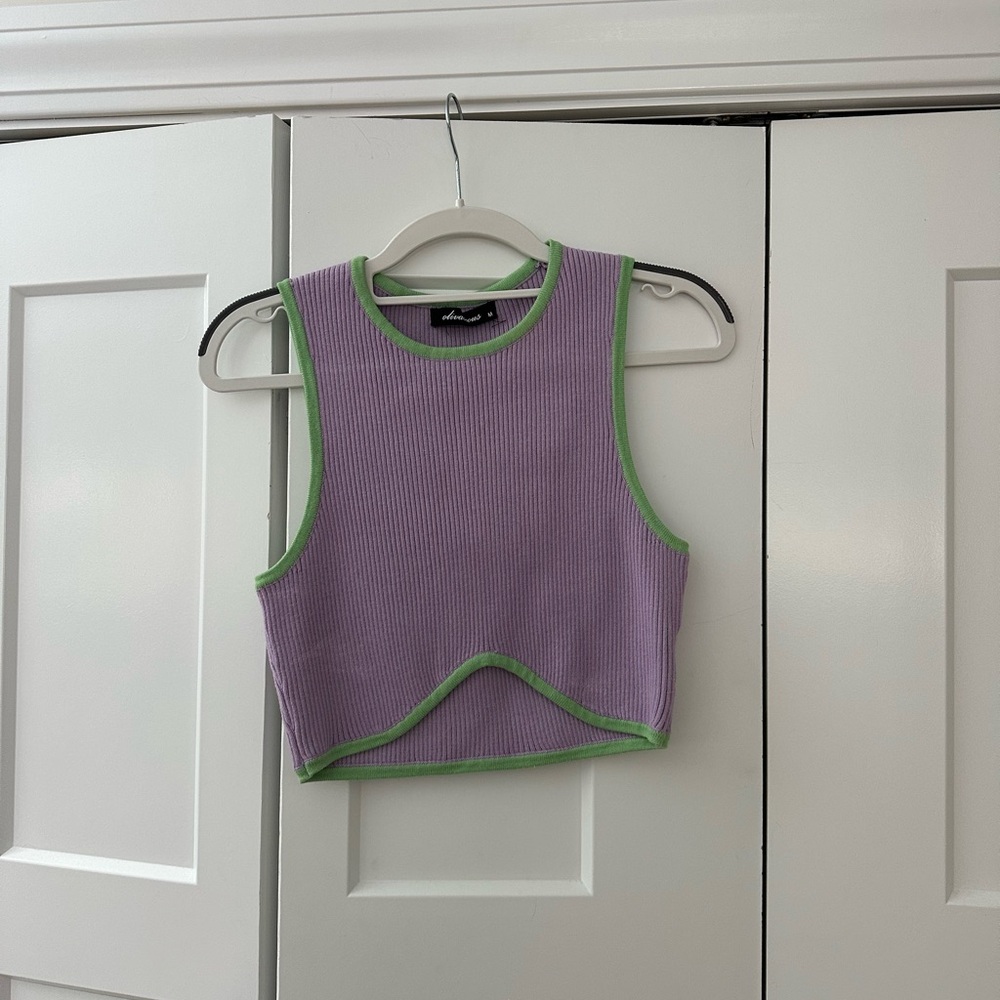 Olivaceous Lavender Ribbed Crop Tank with Green Trim